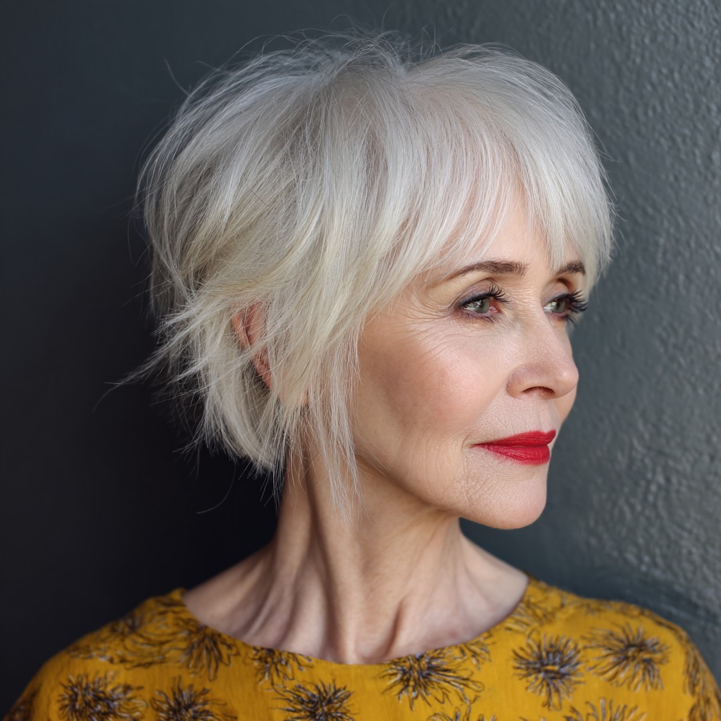 Textured Short White Bob with Feathered Layers
