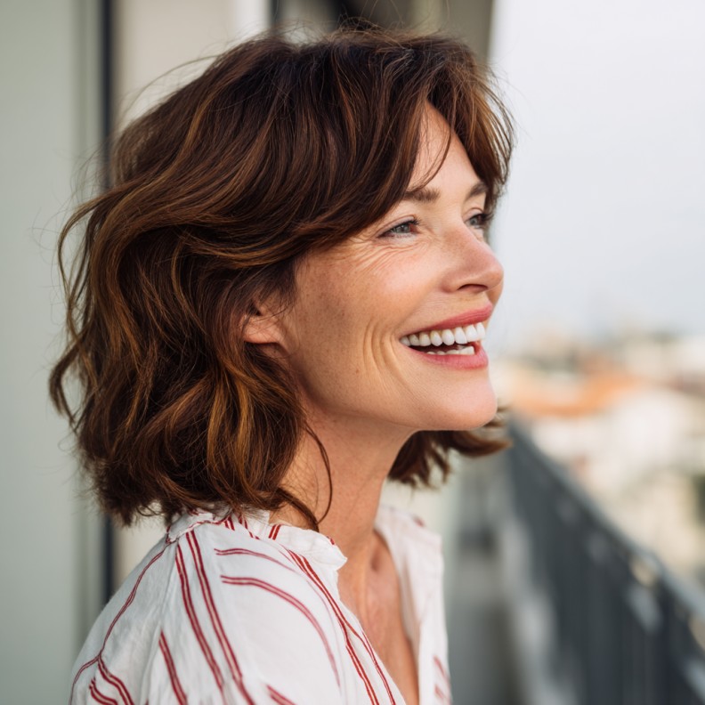Textured Shoulder-Length Layers with Soft Waves