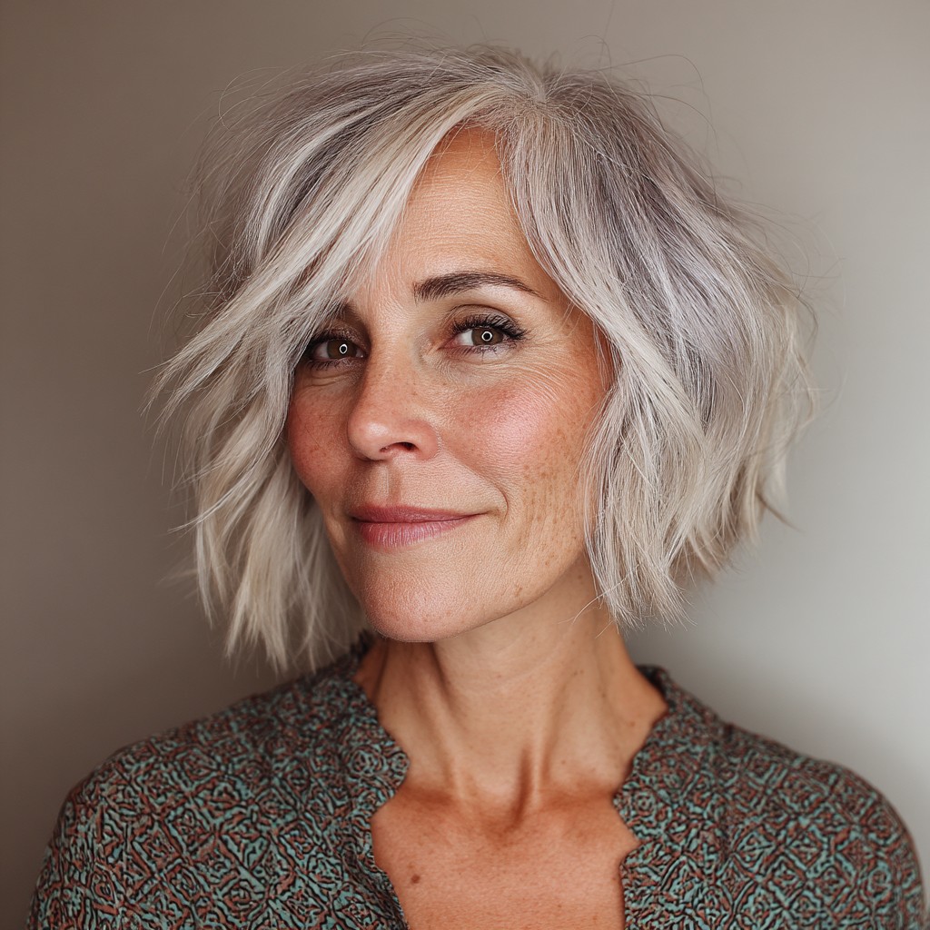 Textured Silver Bob with Soft Bangs