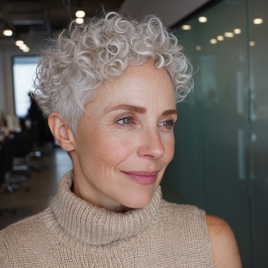 Textured Silver Curly Pixie Cut