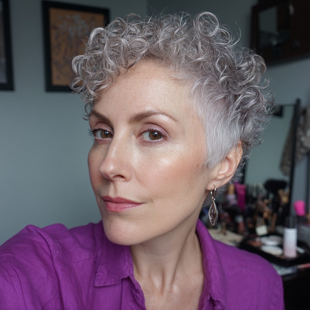 Textured Silver Curly Pixie with Defined Curls