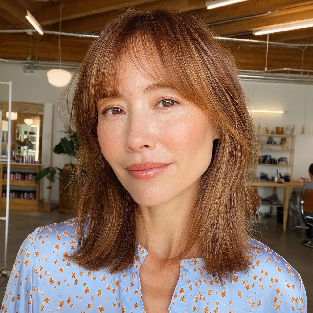 Warm Chestnut Mid-Length Cut with Soft Bangs