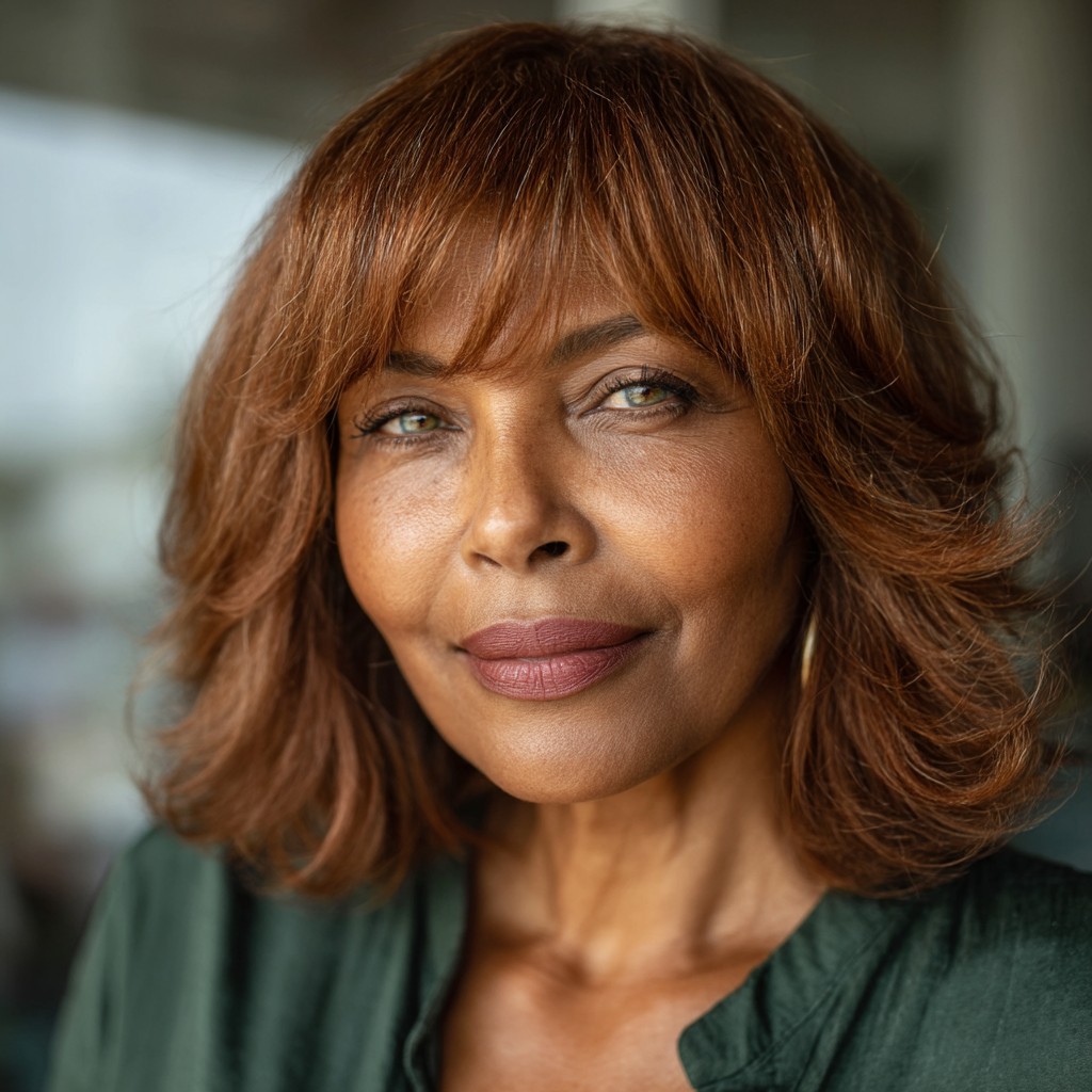 Warm Copper Feathered Bangs with Layered Bob