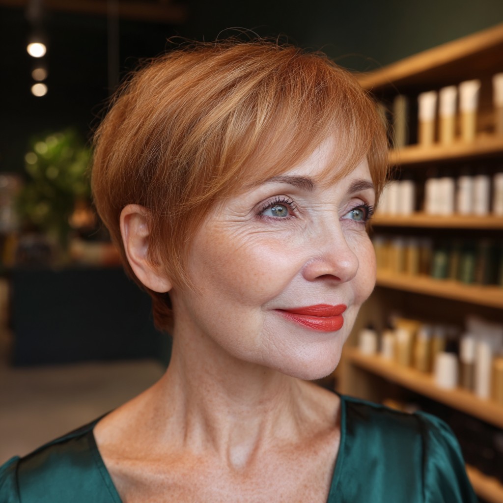 Warm Copper Textured Pixie Cut with Soft Bangs