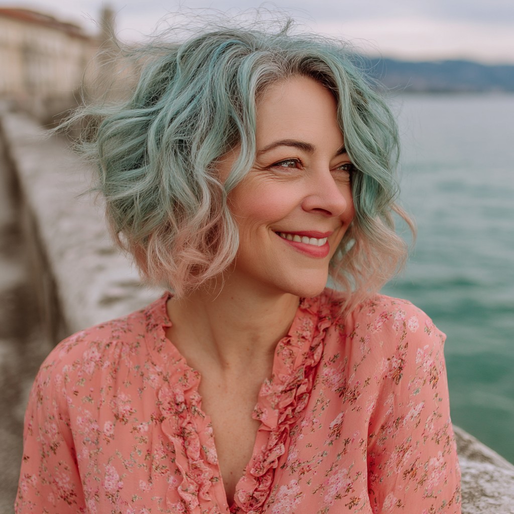 Whimsical Aqua-Tipped Curly Bob