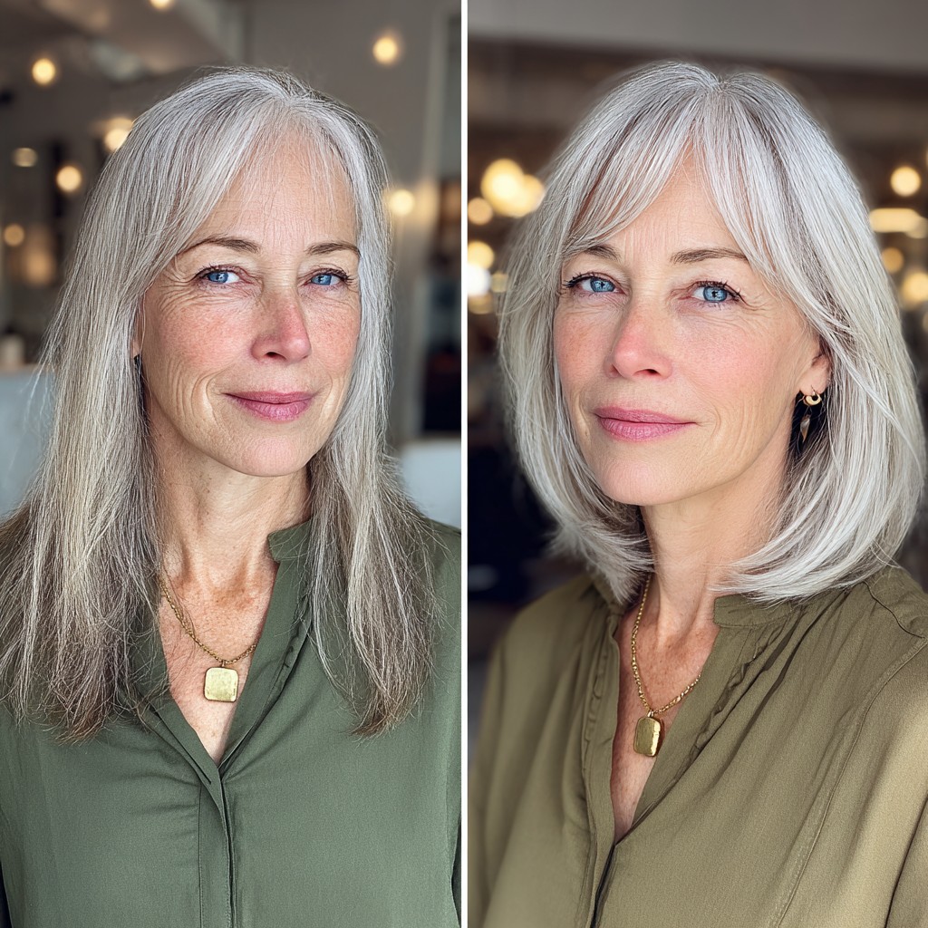 Elegant Silver Feathered Bangs with Soft Layers