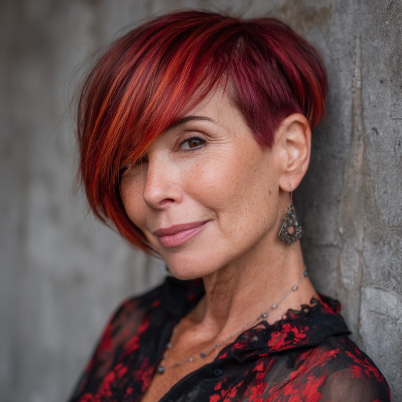 Bold Asymmetrical Bob with Fiery Red Highlights