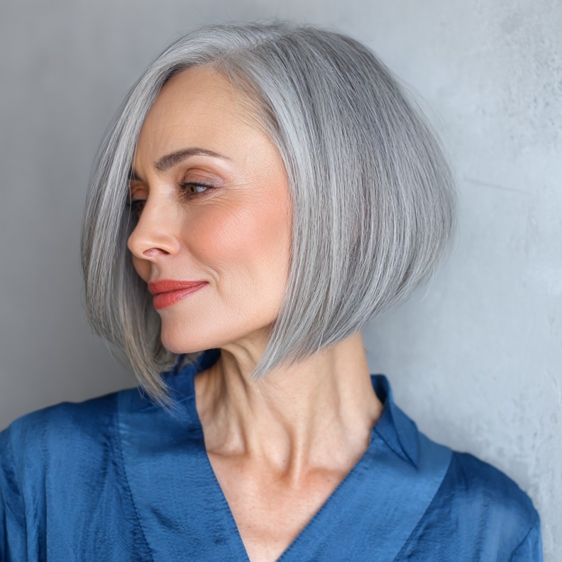 Chic Asymmetrical Silver Bob with Subtle Layers
