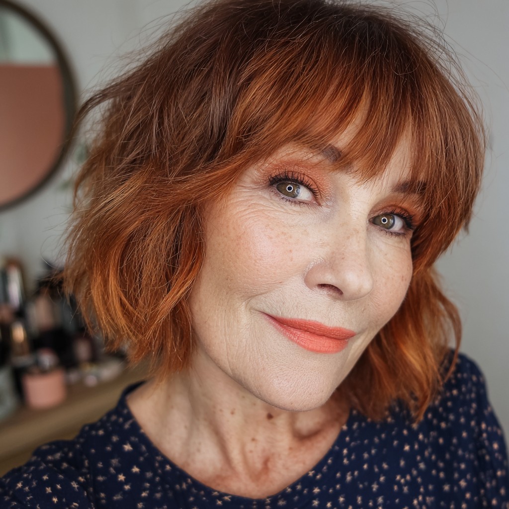 Chic Textured Bob with Warm Copper Highlights