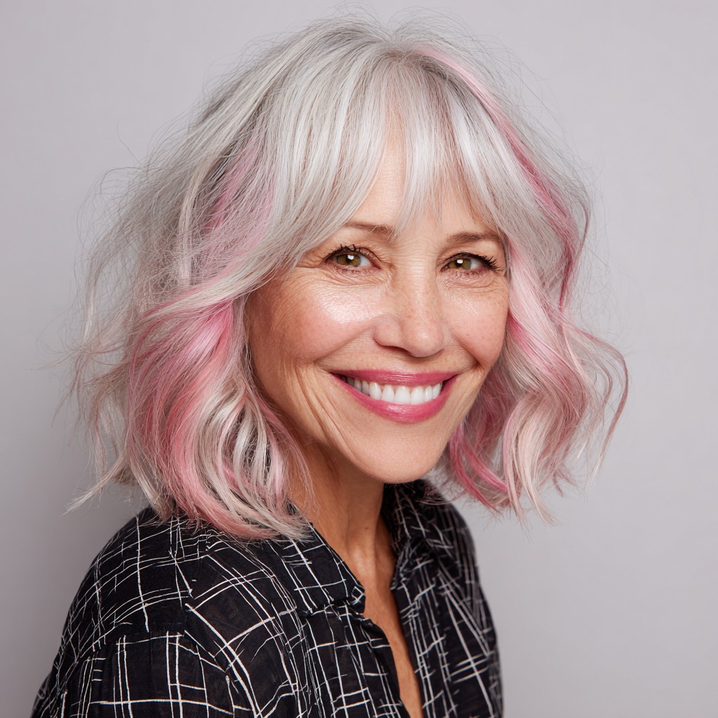 Chic Wavy Lob with Soft Pink Highlights