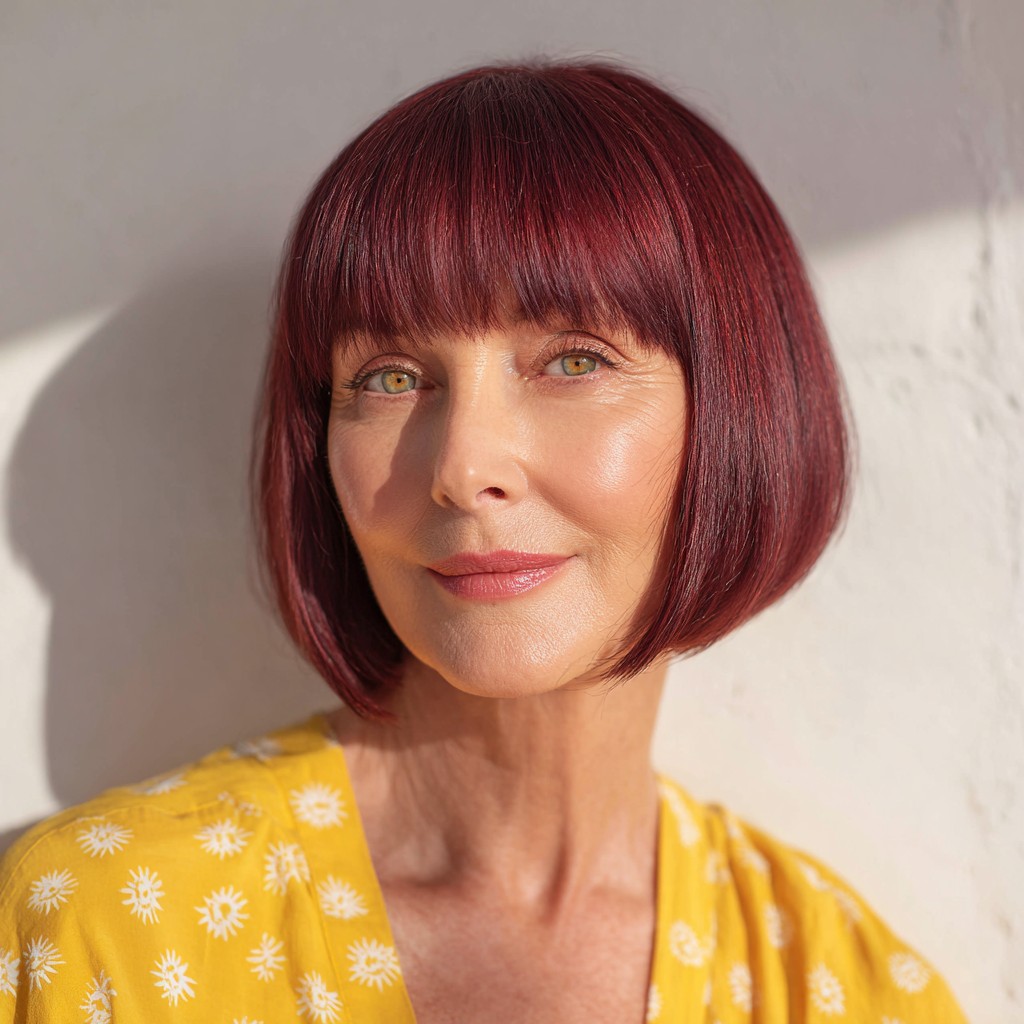 Classic Ruby Red Bob with Soft Bangs
