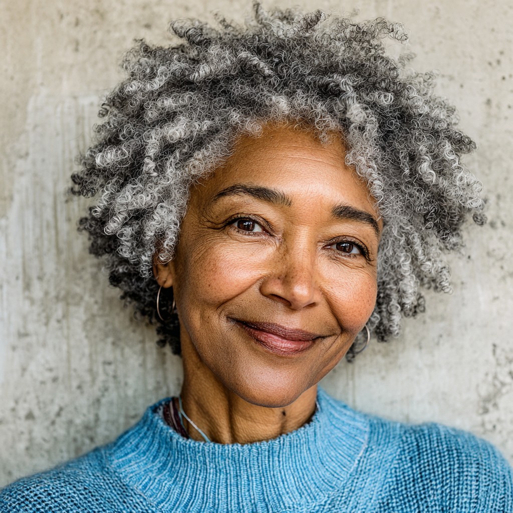 Defined Natural Curls with Elegant Silver Highlights