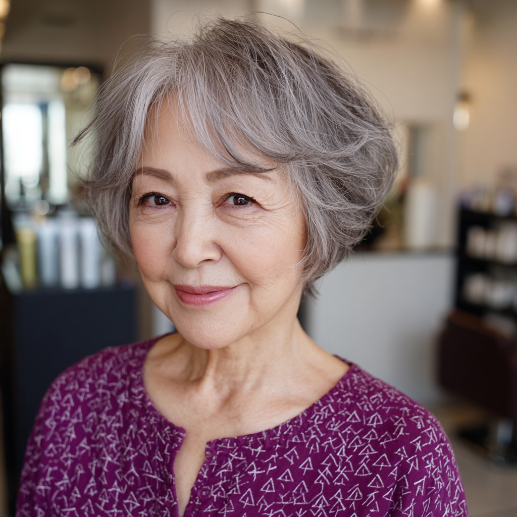 Elegant Silver Feathered Bob with Soft Layers
