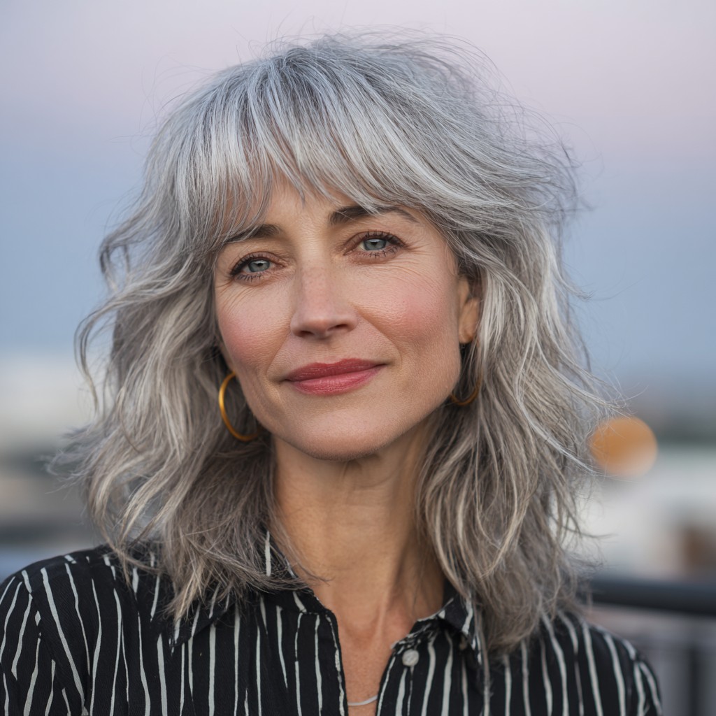 Elegant Silver Shag with Soft Face-Framing Layers