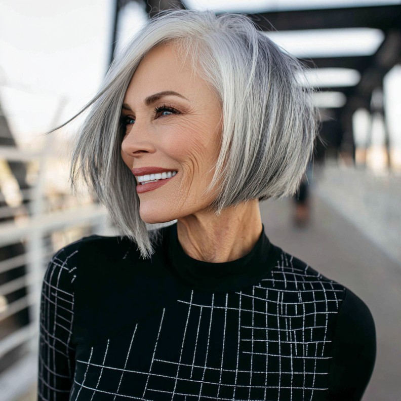 Modern Asymmetrical Silver Bob with Soft Layers