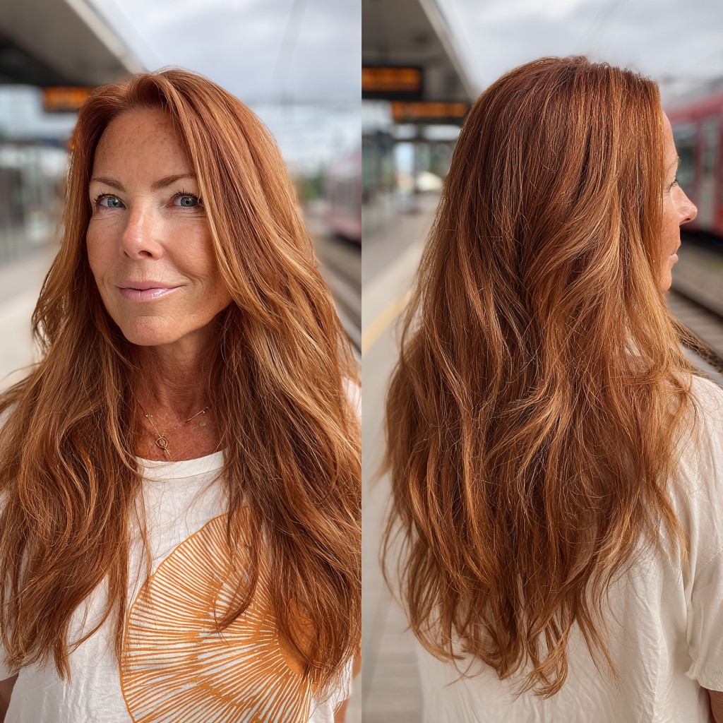 Radiant Long Layers with Warm Copper Undertones