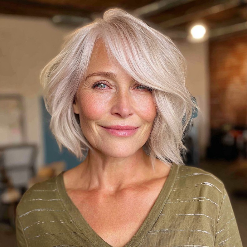 Soft Blush Asymmetrical Bob with Subtle Waves