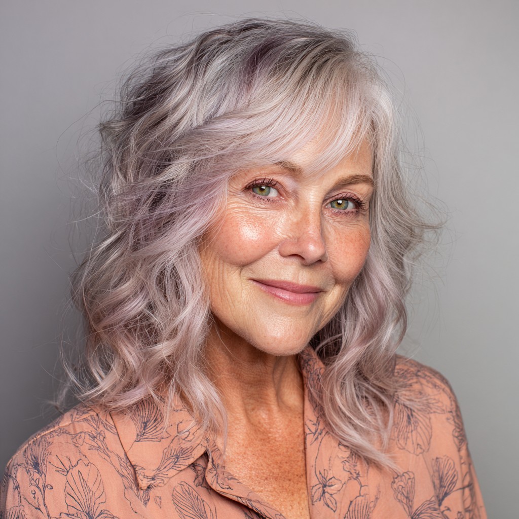 Soft Wavy Lob with Subtle Lavender Hues