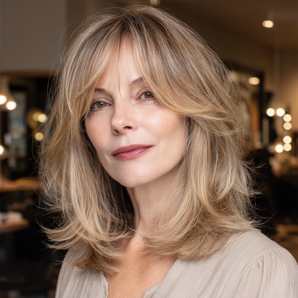 Softly Feathered Bangs with Layered Shoulder-Length Cut