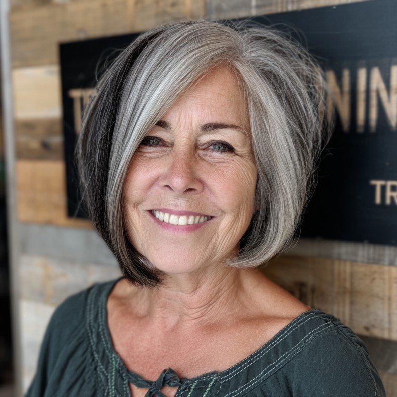 Stylish Textured Asymmetrical Bob with Silver Highlights