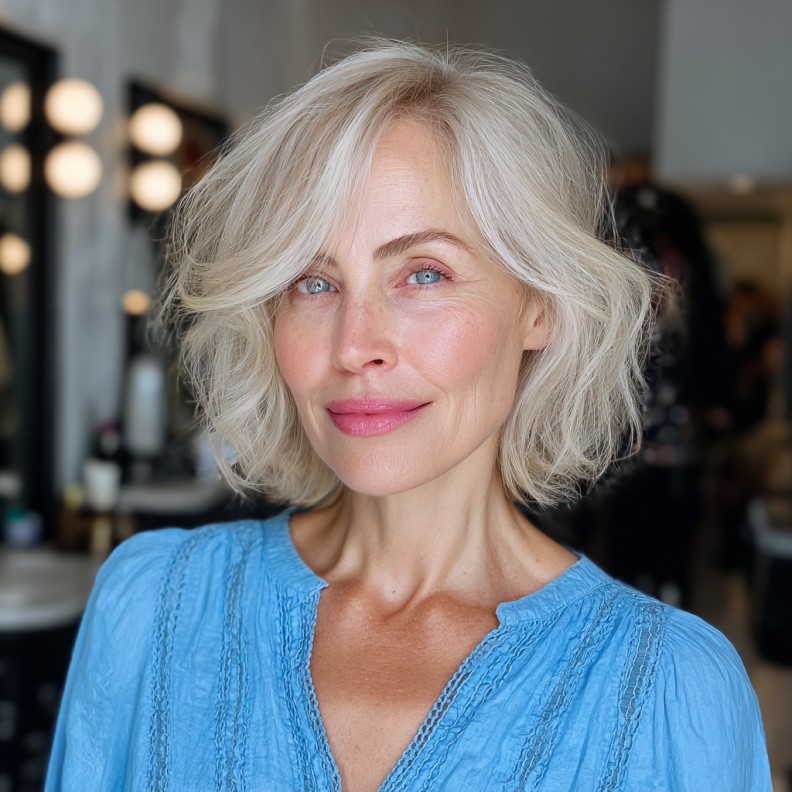 Textured Ash Blonde One-Length Bob with Soft Waves
