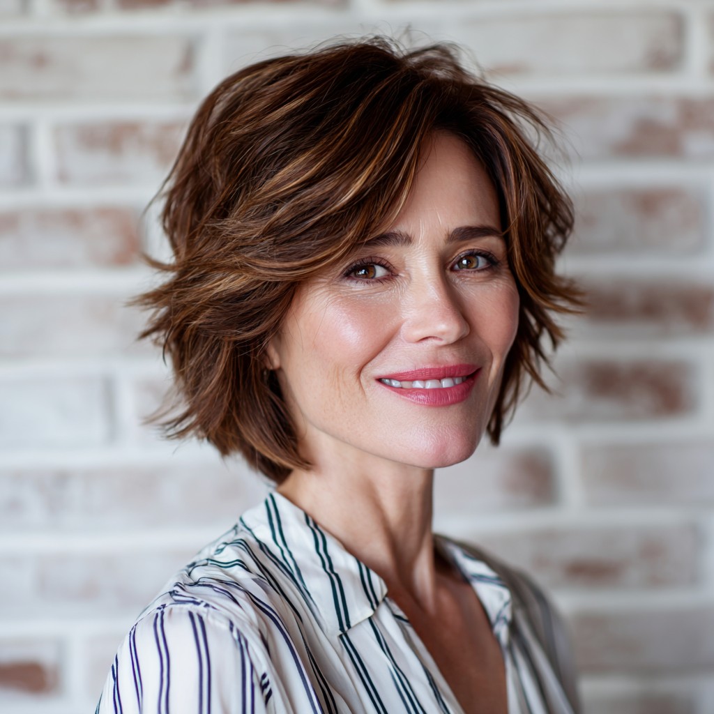 Textured Feathered Bob with Soft Chocolate Highlights