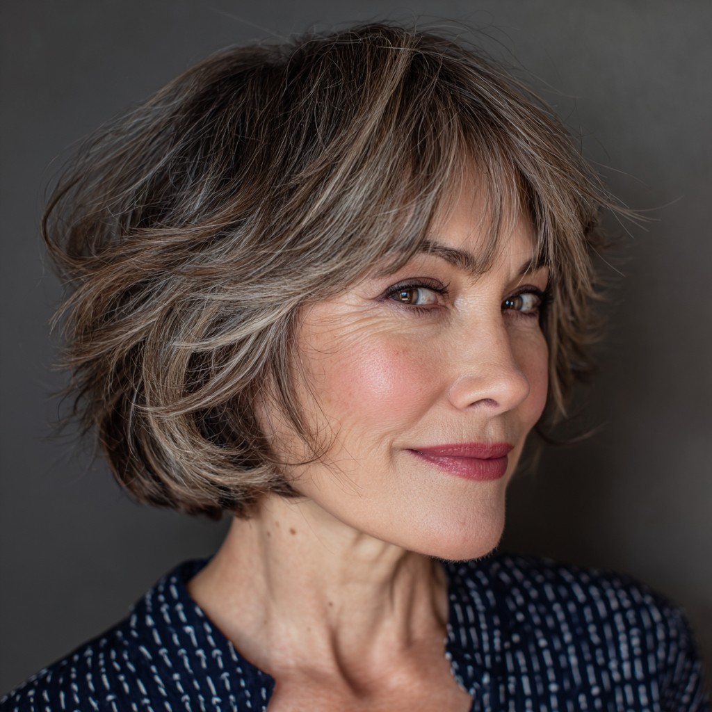 Textured Feathered Bob with Soft Gray Highlights
