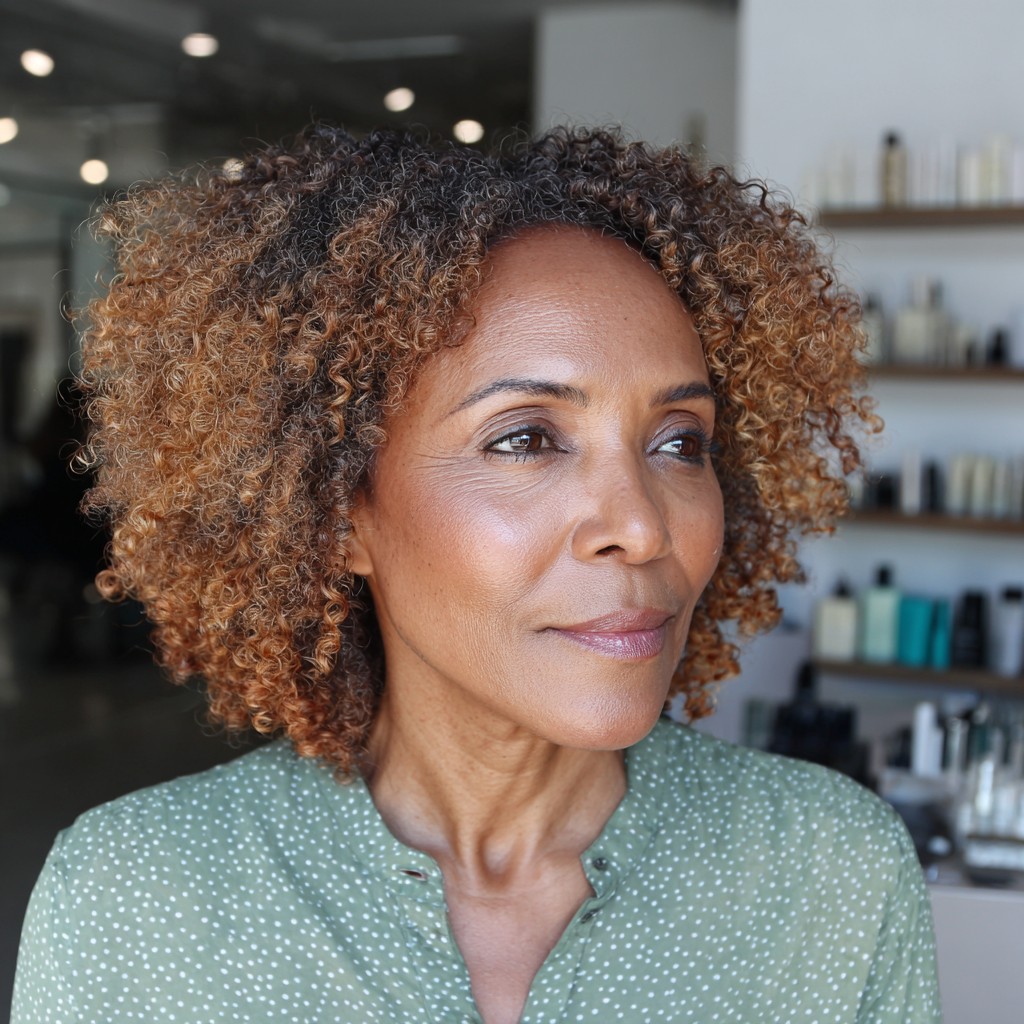 Textured Medium-Length Natural Curls with Warm Highlights