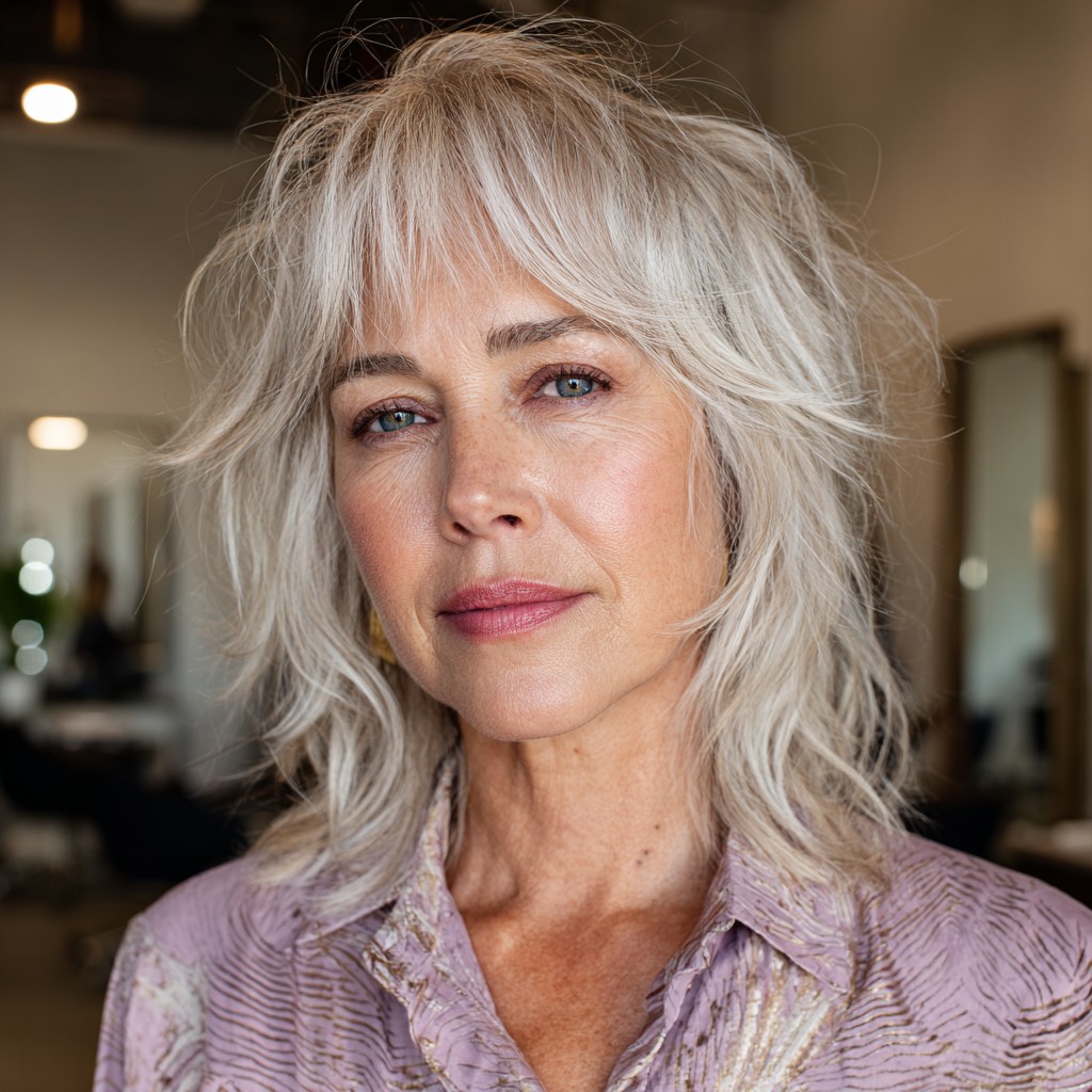 Textured Silver Shag with Soft Wispy Bangs