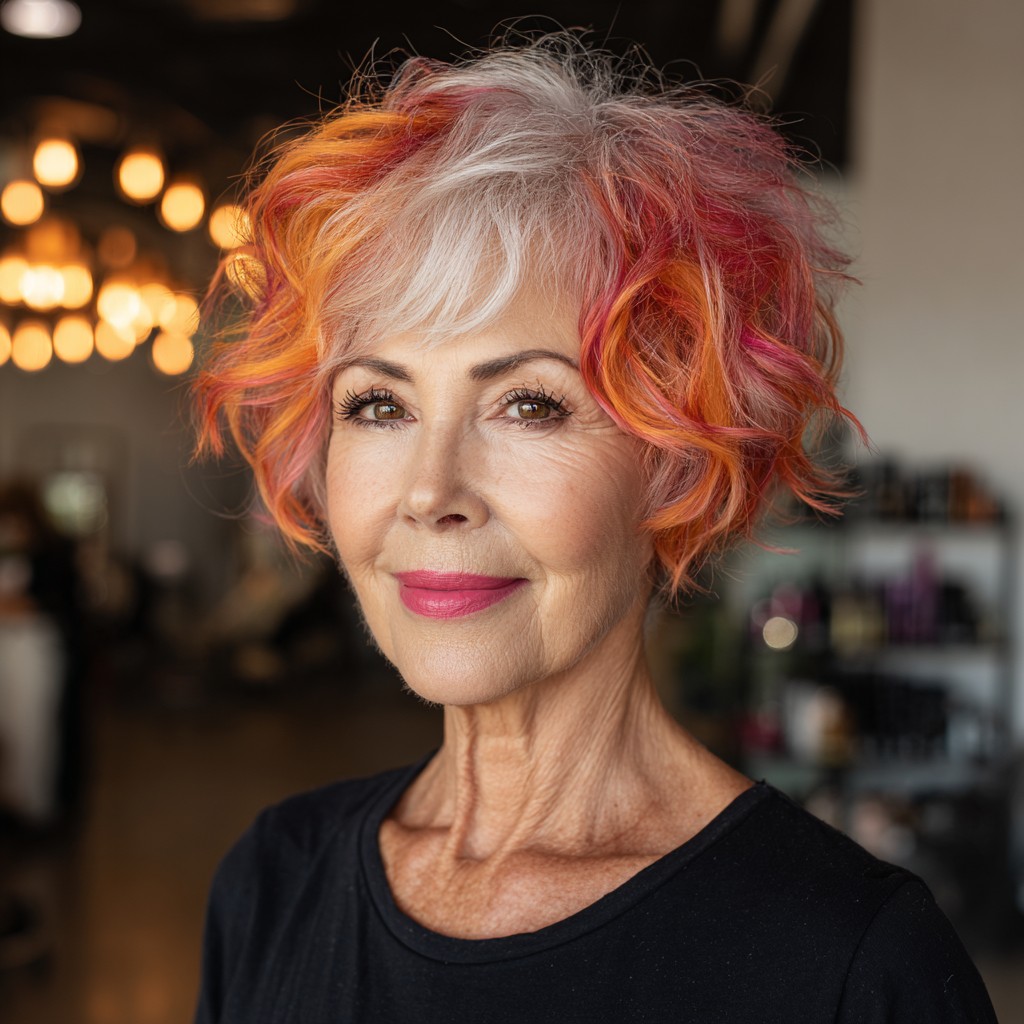 Vibrant Curly Bob with Sunset Hues