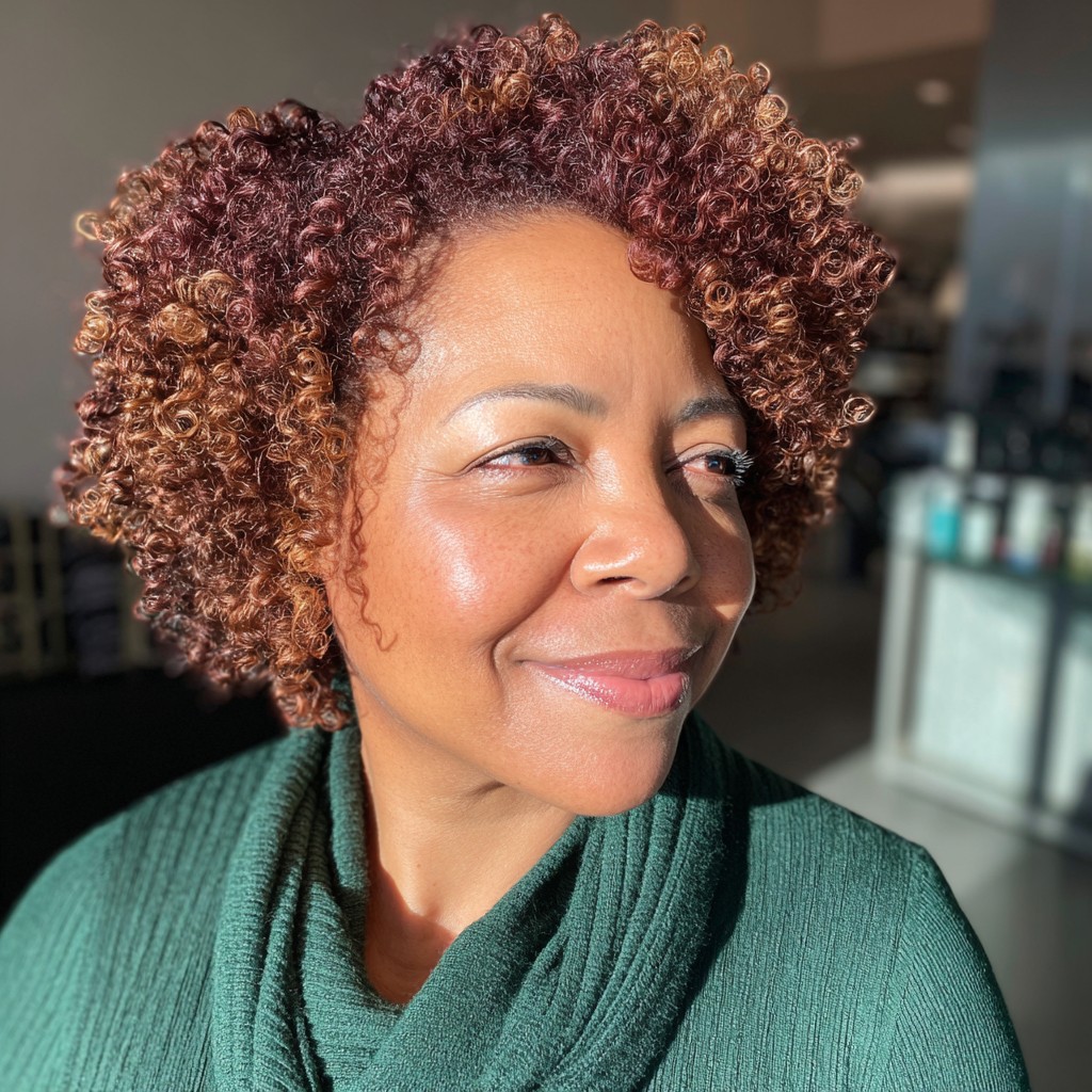 Vibrant Curly Lob with Warm Highlights