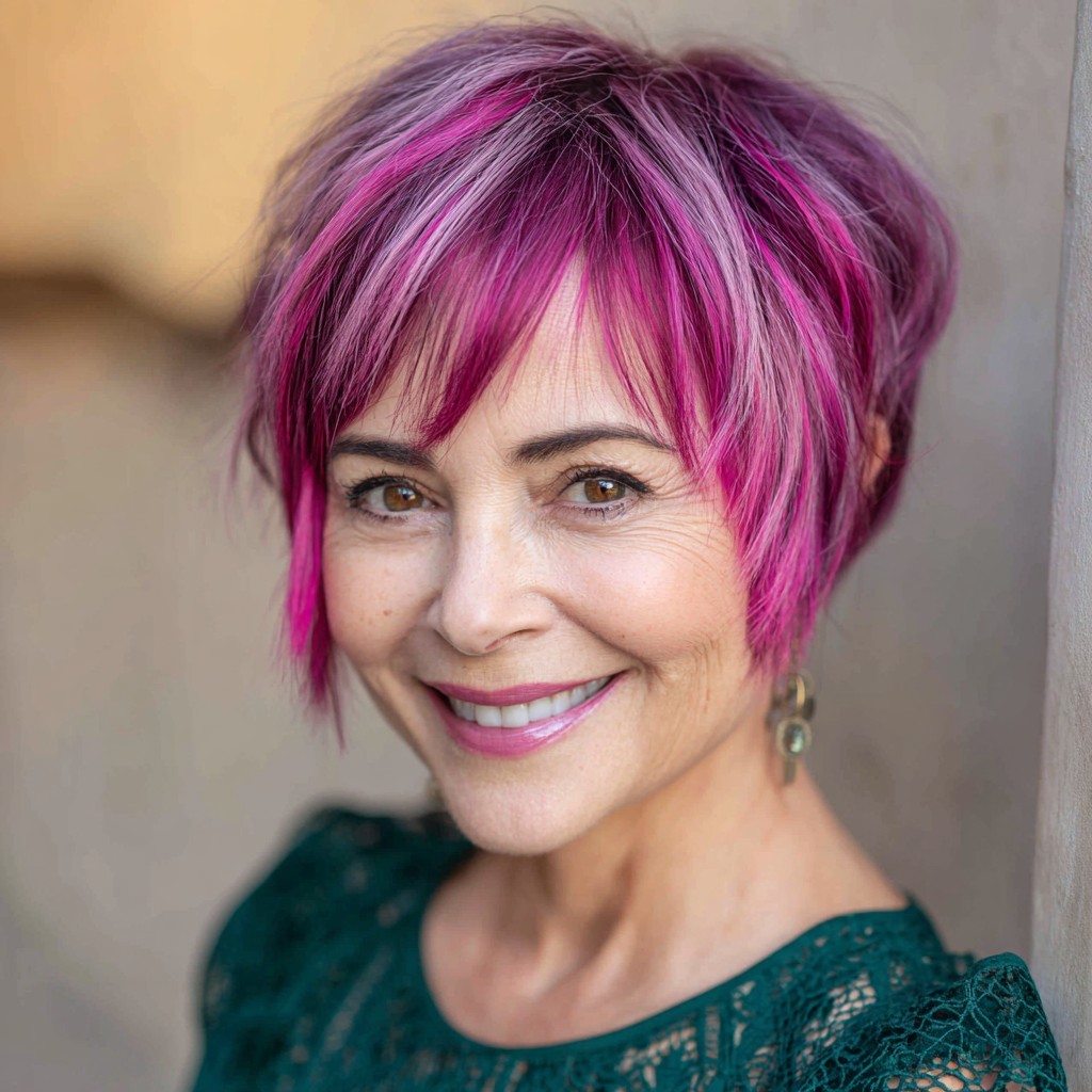 Vibrant Textured Short Cut with Bold Fuchsia Highlights