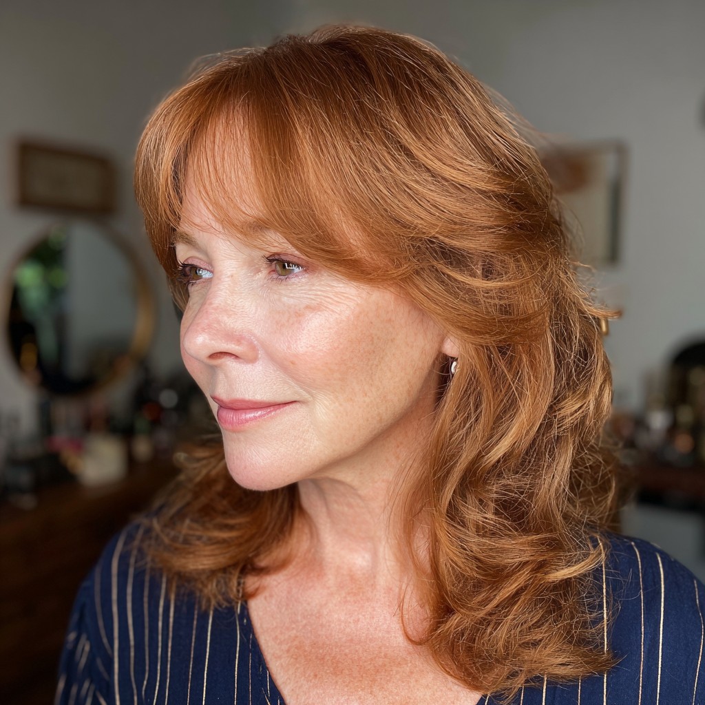 Warm Copper Feathered Bangs with Soft Layers