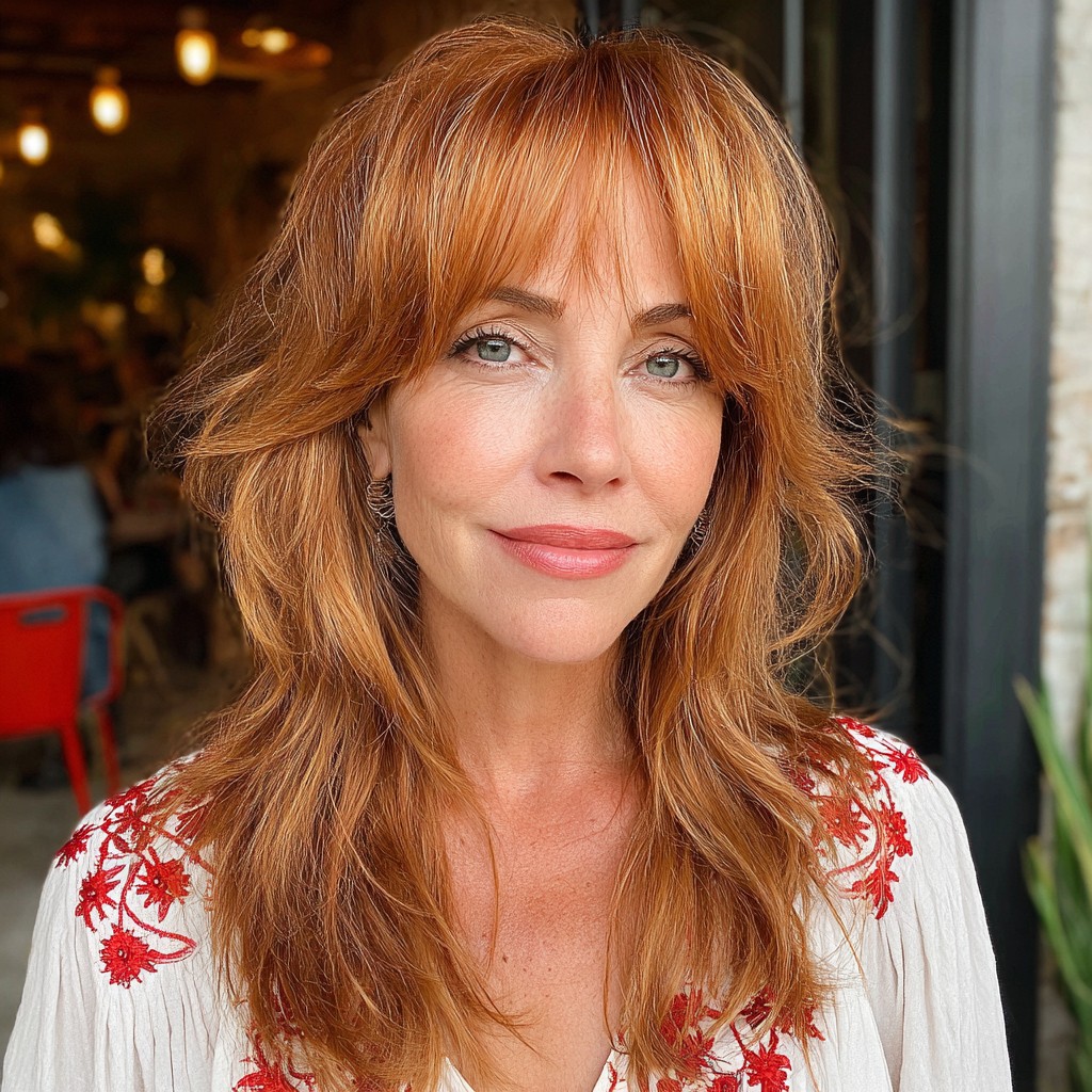 Warm Copper Feathered Layers with Face-Framing Bangs