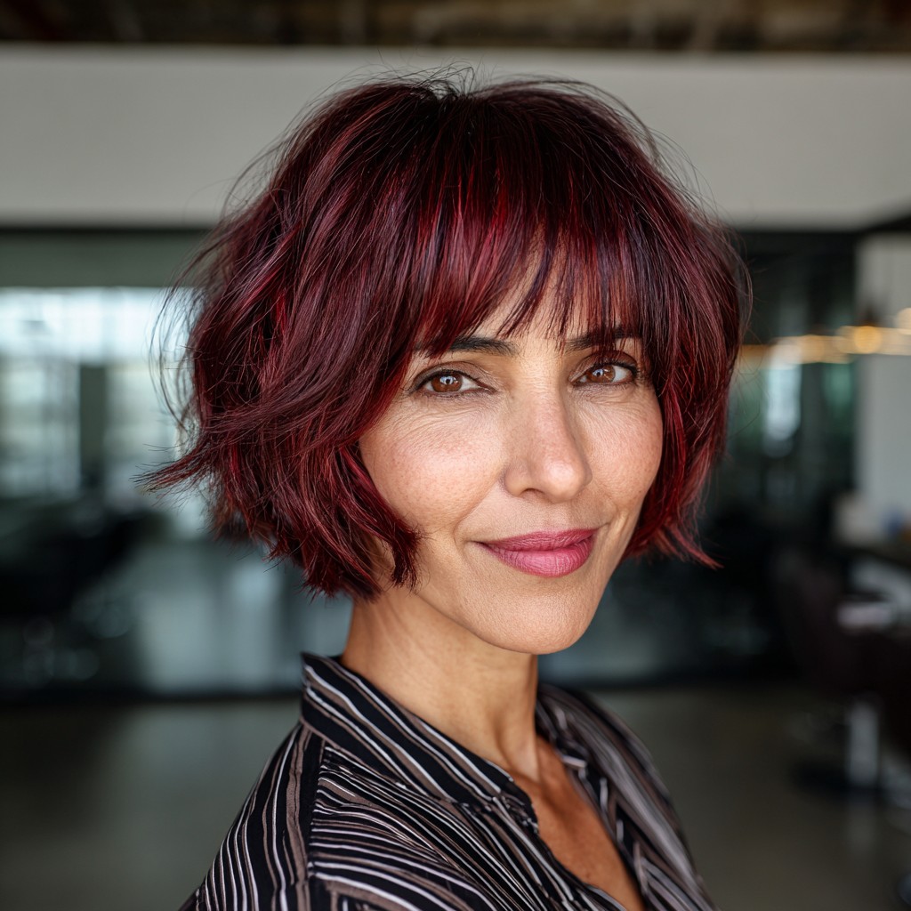 Bold Burgundy Choppy Bob with Wispy Bangs