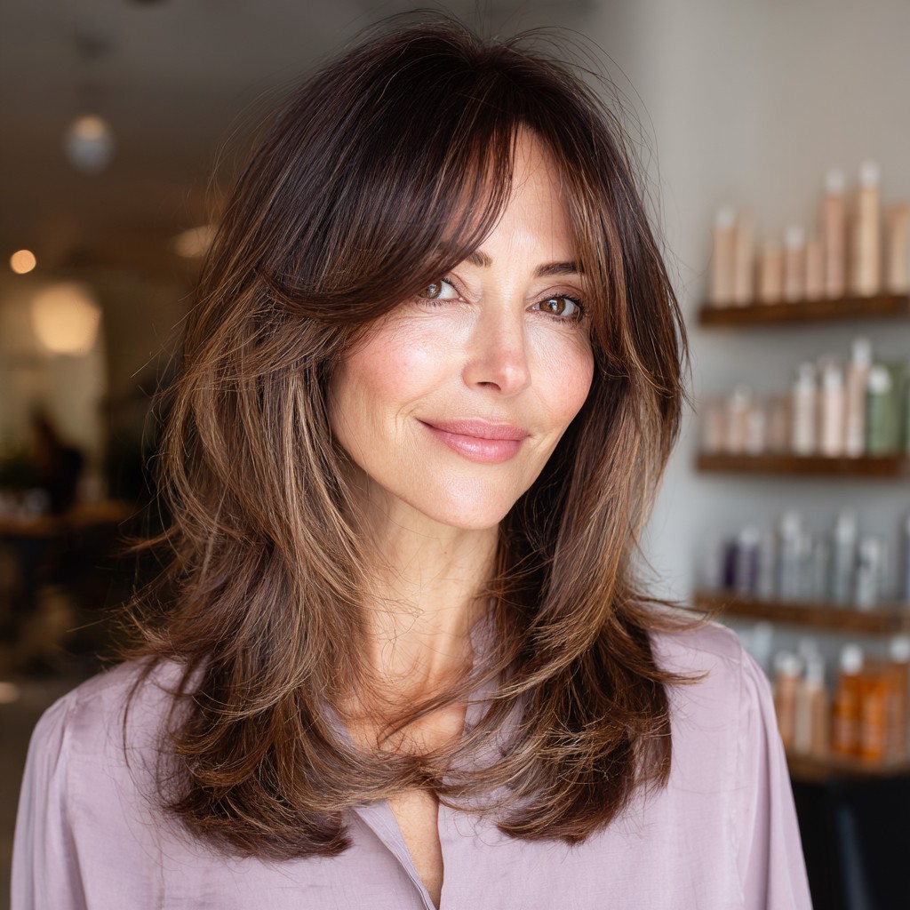 Effortlessly Chic Long Layers with Face-Framing Bangs