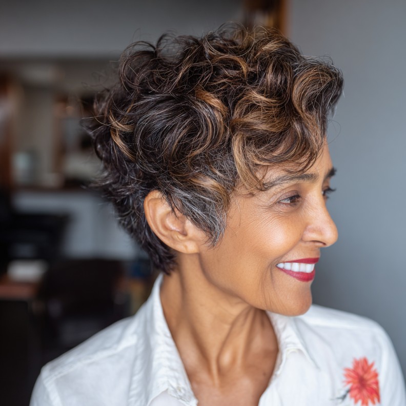Playful Curly Pixie Cut with Subtle Highlights
