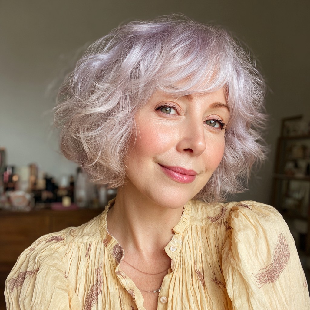 Playful Textured Lavender Bob with Wispy Bangs