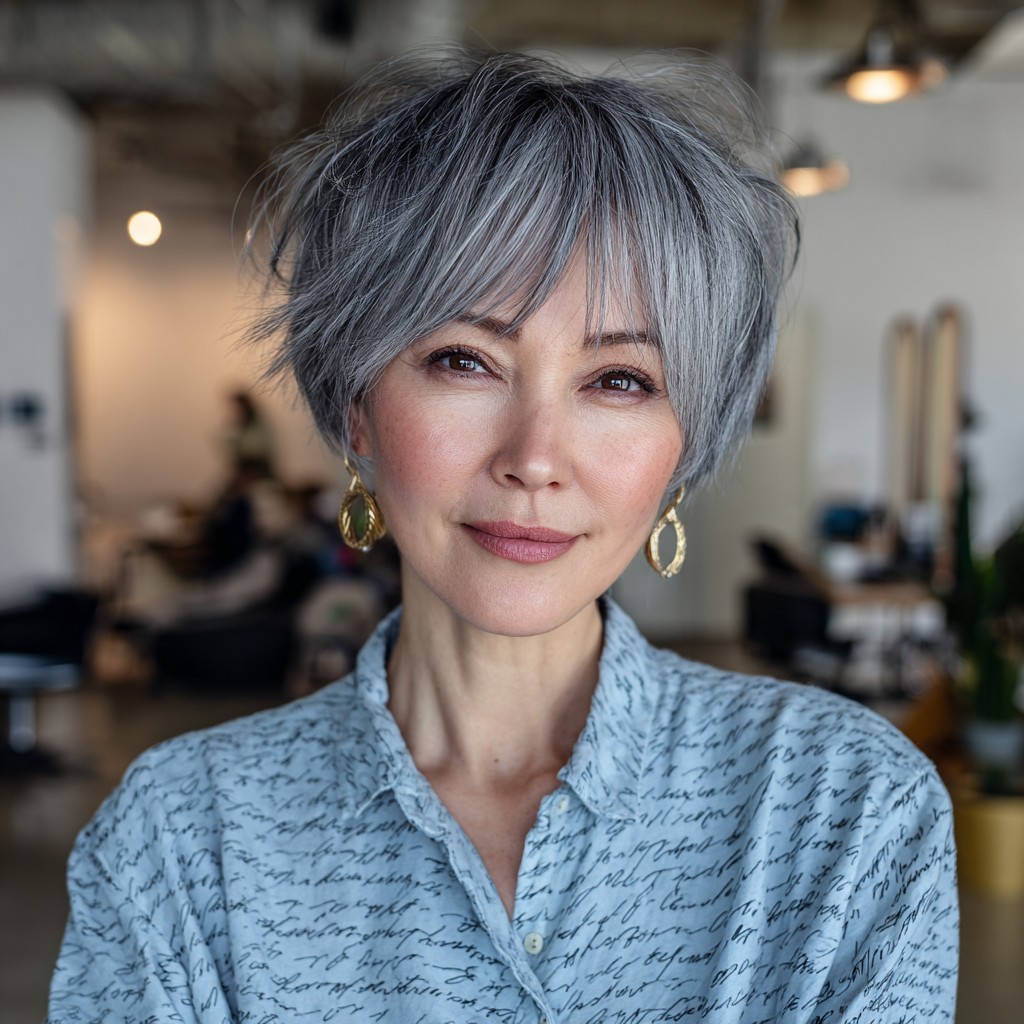 Playful Textured Silver Shag with Wispy Bangs