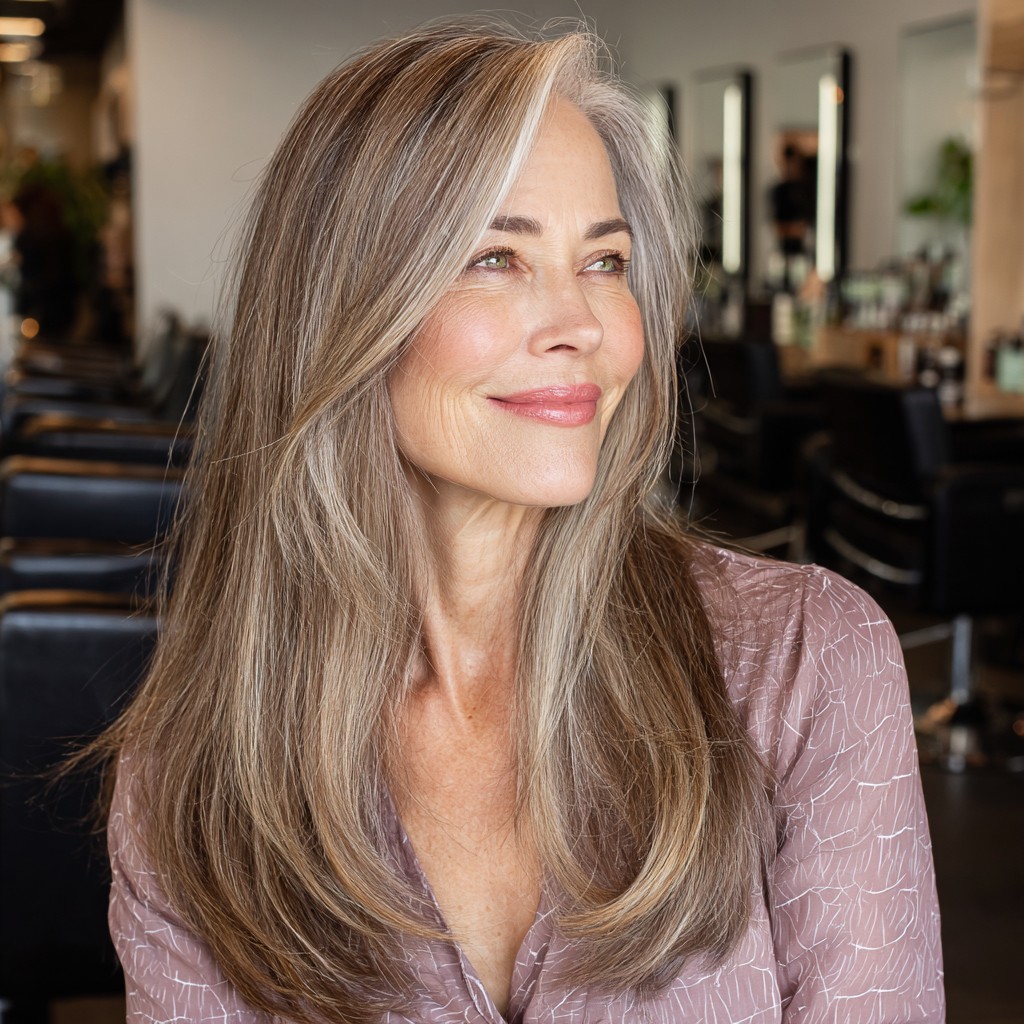 Softly Blended Long Layers with Face-Framing Bangs