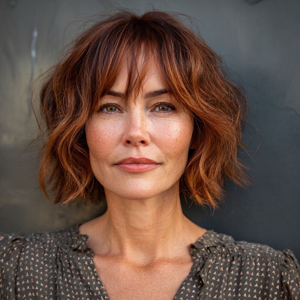 Textured Copper Bob with Face-Framing Bangs