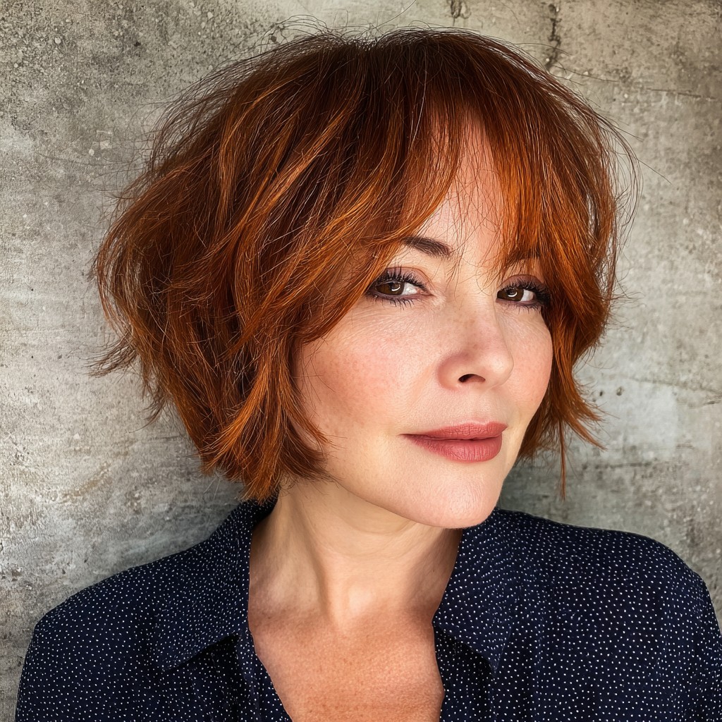 Textured Copper Rounded Bob with Soft Bangs