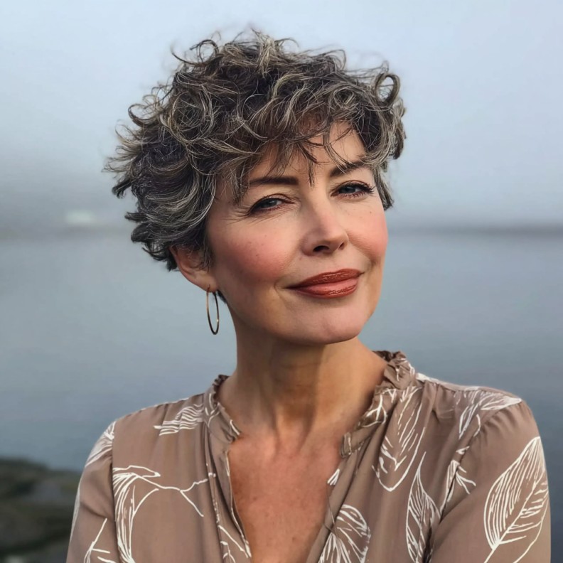 Textured Curly Pixie Cut with Wispy Bangs