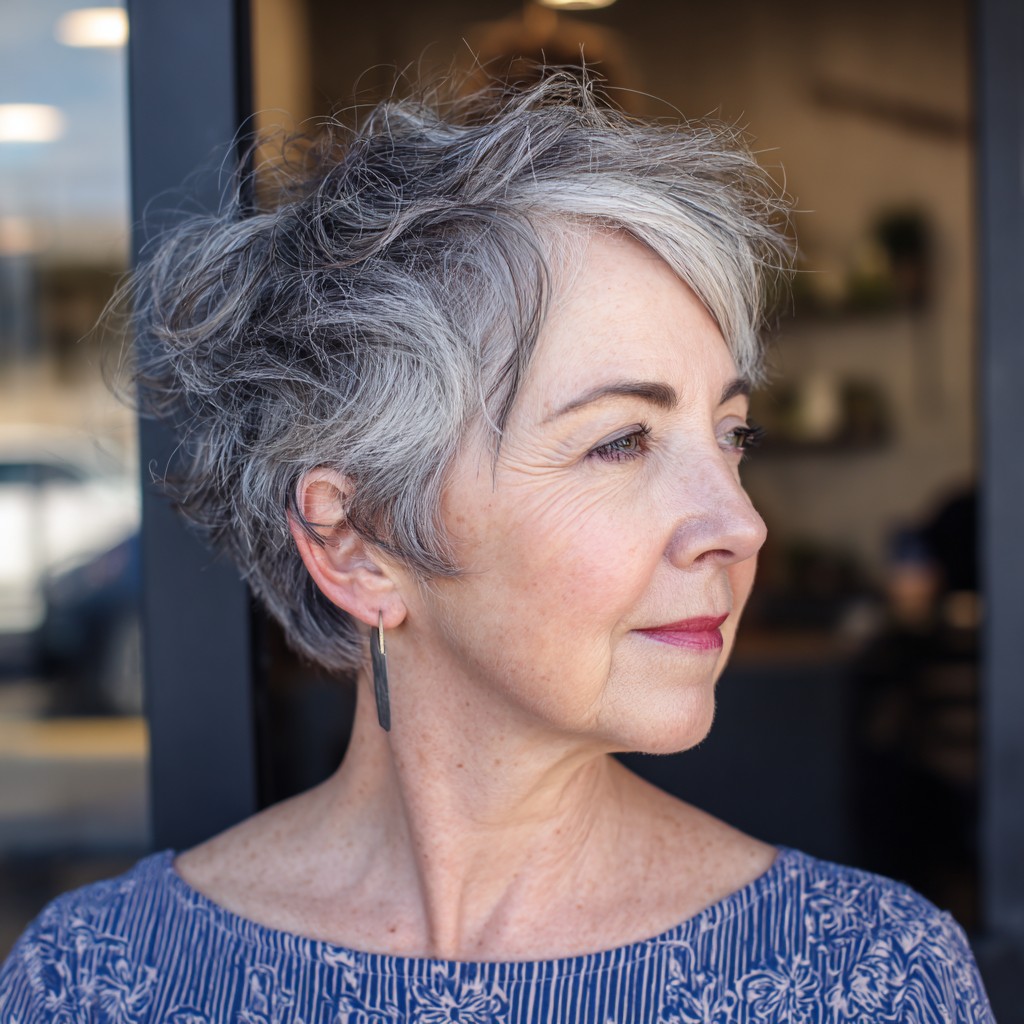 Textured Short Pixie Cut with Natural Gray Highlights