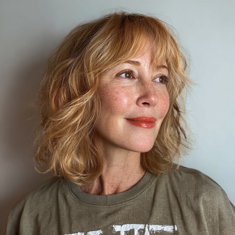 Textured Wispy Bangs with Soft Curly Layers