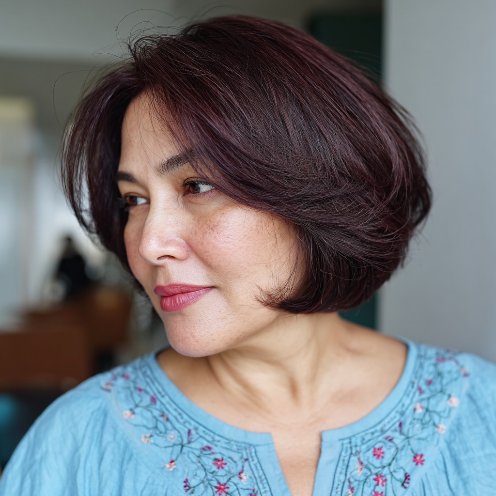 Warm Burgundy Rounded Bob with Subtle Volume