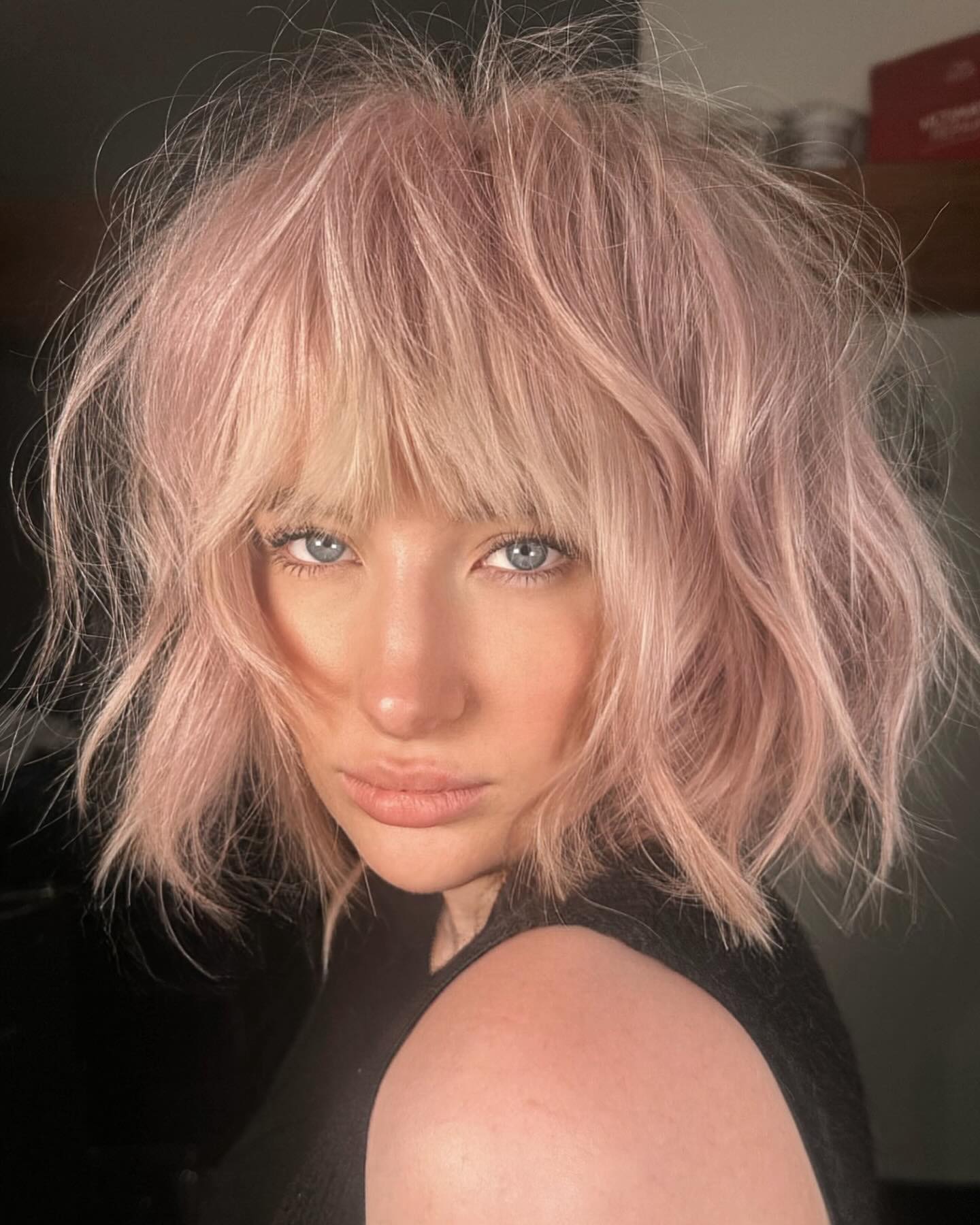 Choppy Pastel Pink Shag with Blunt Bangs