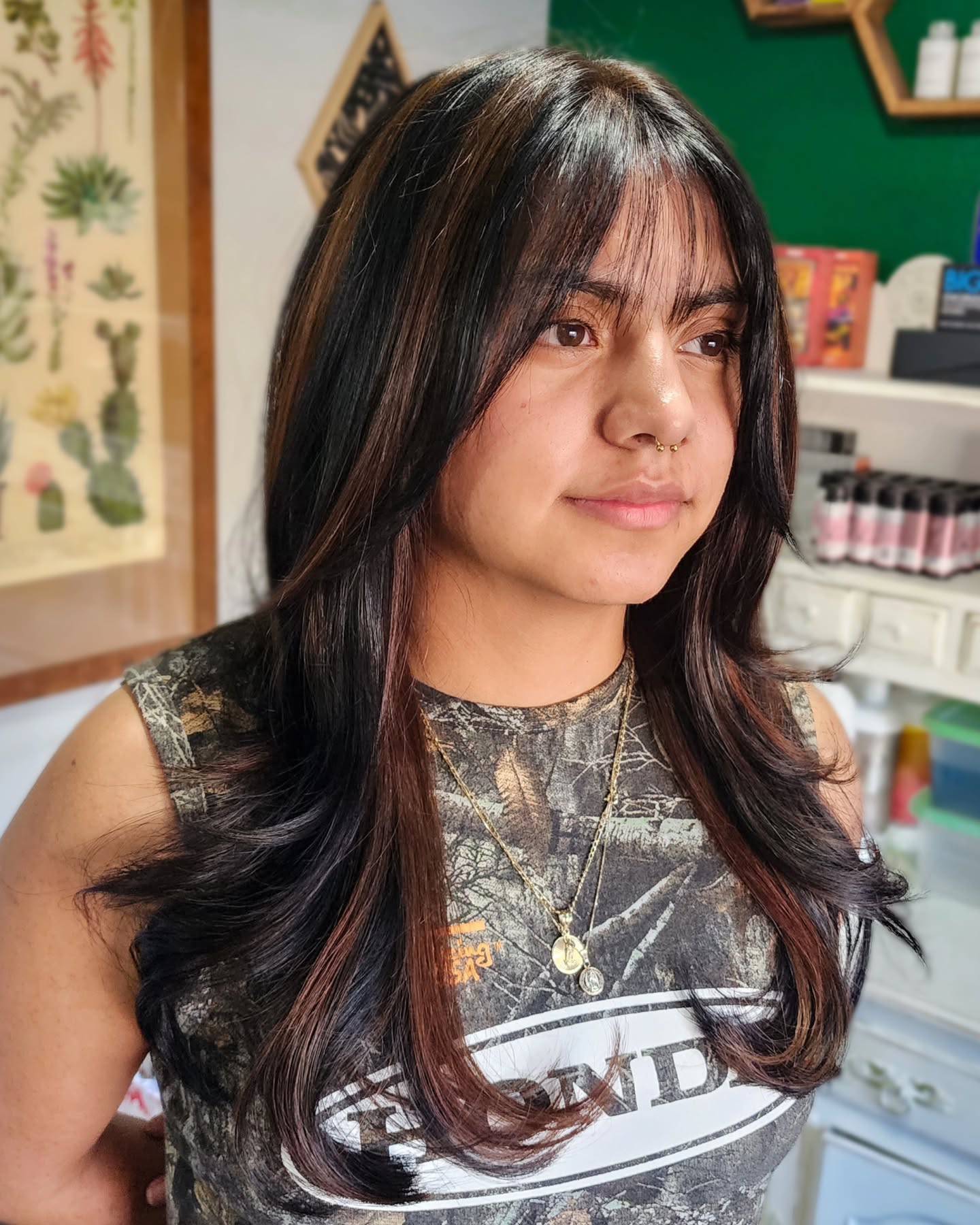 Layered Chocolate Tresses with Wispy Bangs