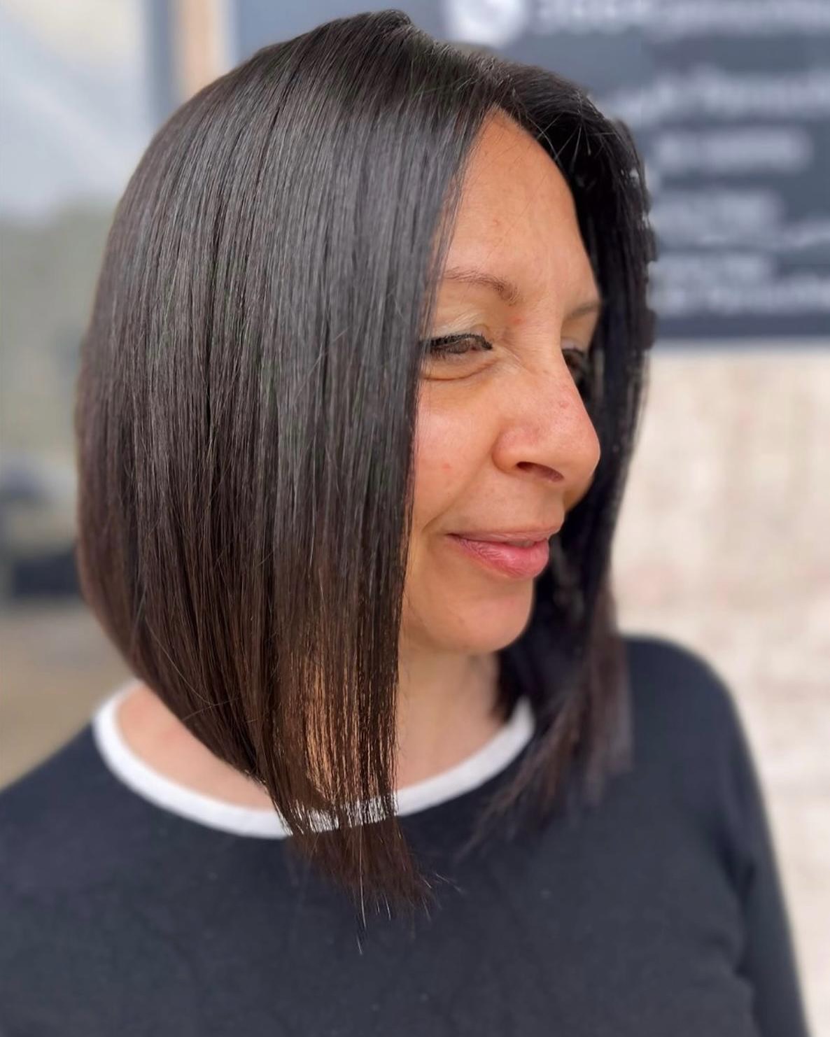 Sleek Asymmetrical Long Bob with Glossy Finish