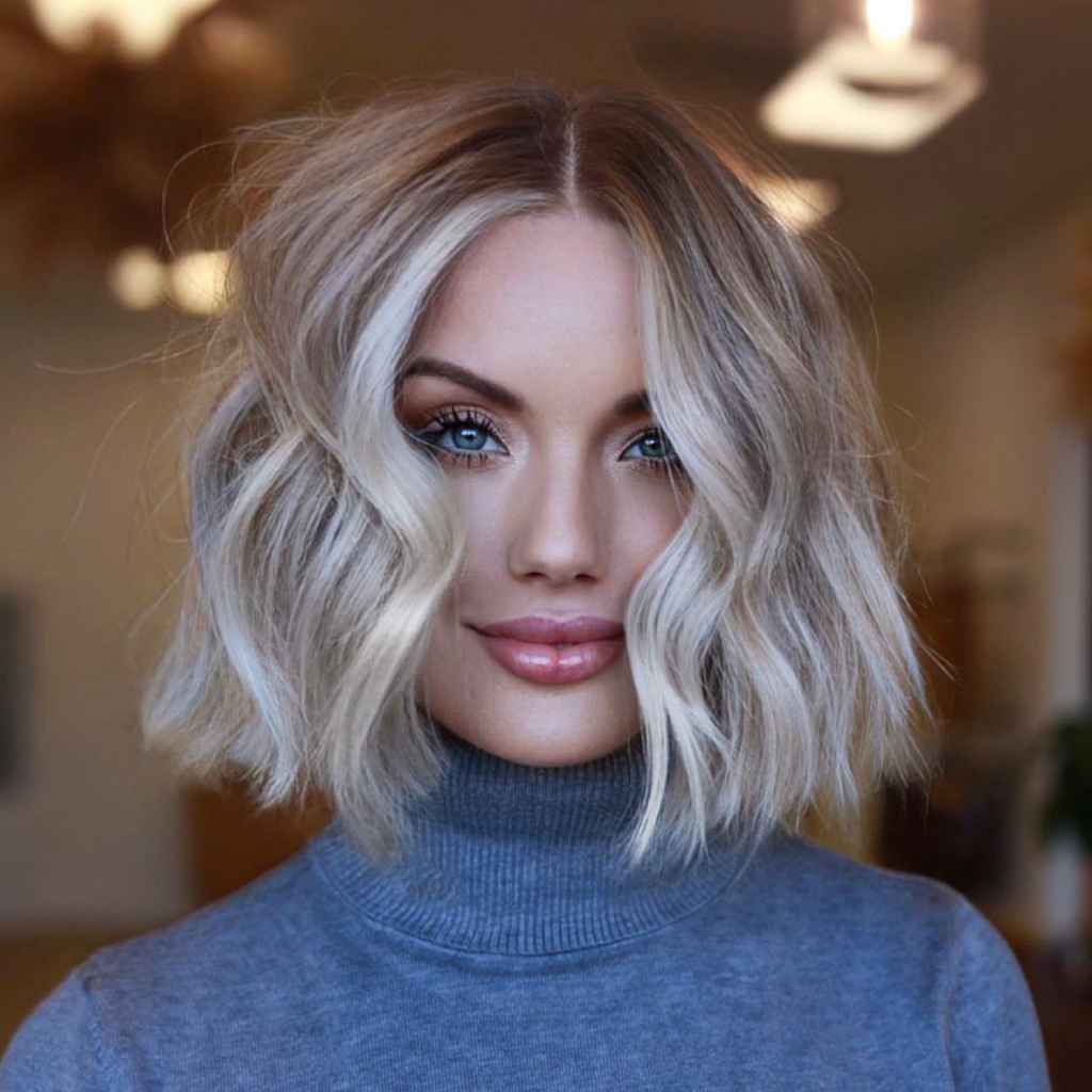 Soft Wavy Blunt Bob with Light Blonde Highlights